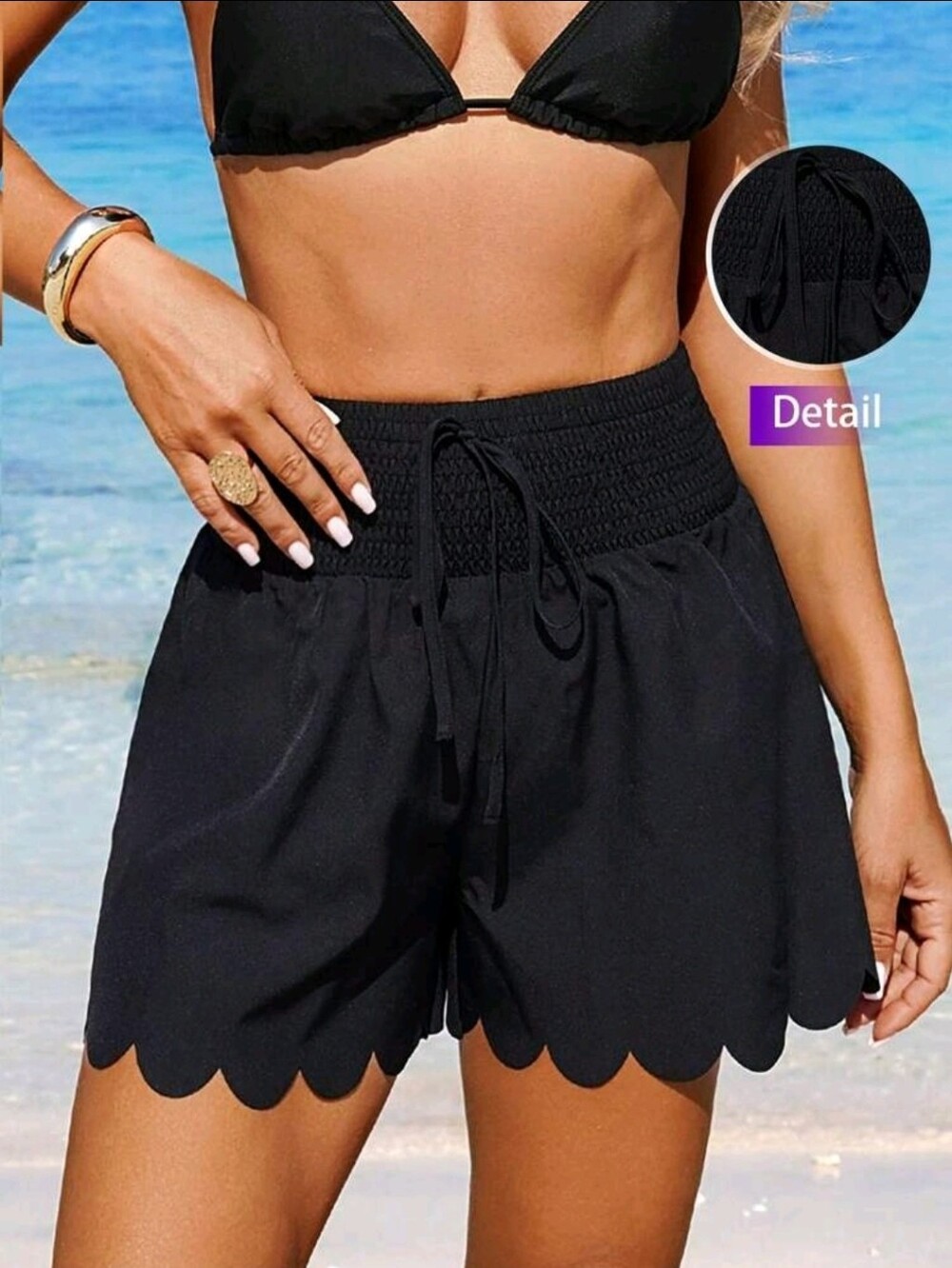 SHEIN Black Smocked Waist Scalloped Hem Beach Shorts